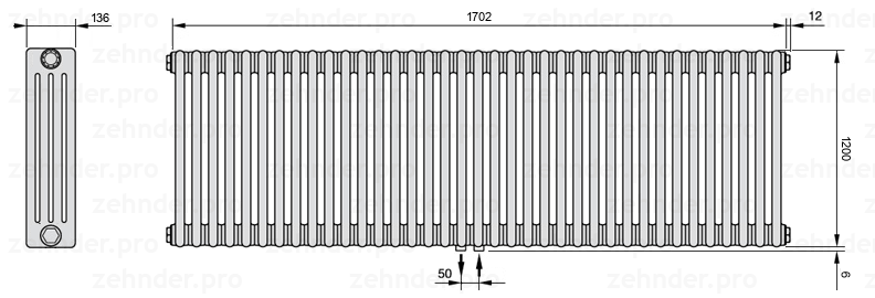Схема (чертеж) Радиатор Zehnder Charleston 4120/37 №5410 Белый глянцевый RAL 9016